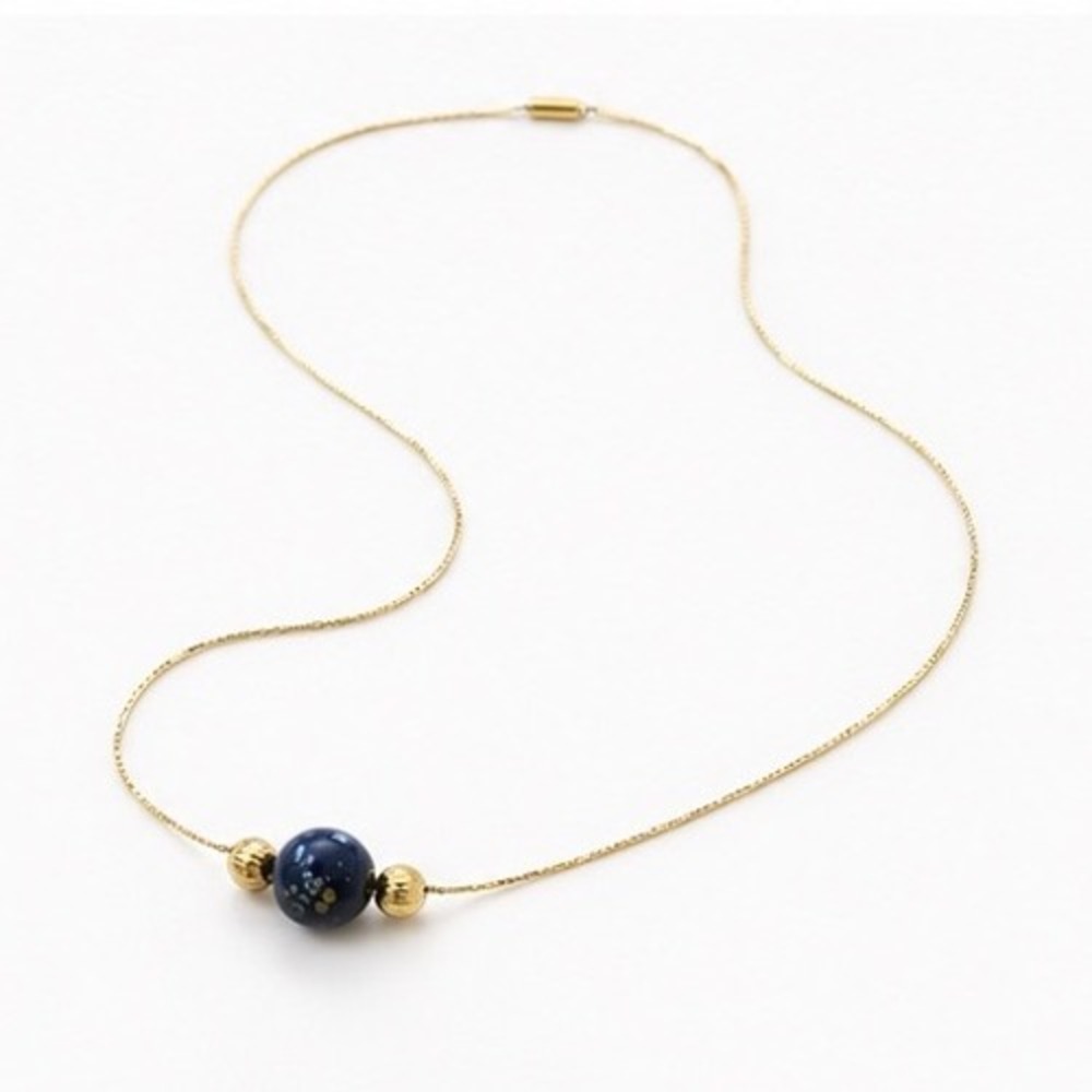 Gold Tone Dainty Necklace Blue Art Glass Bead Celestial Speckle Barrel Pin Clasp - Picture 5 of 8